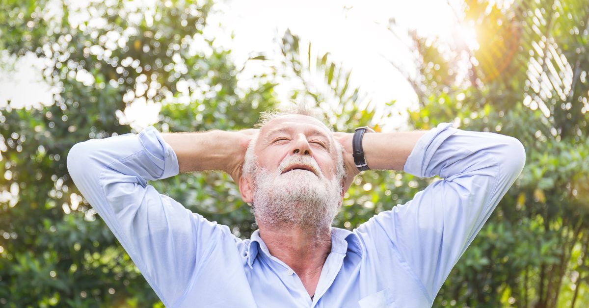 a senior man looking relaxed at assisted living